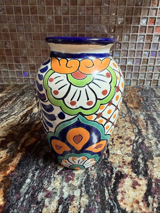 Other - Signed vintage Mexican pottery vase hand-painted colorful 6 1/2” tall talavera